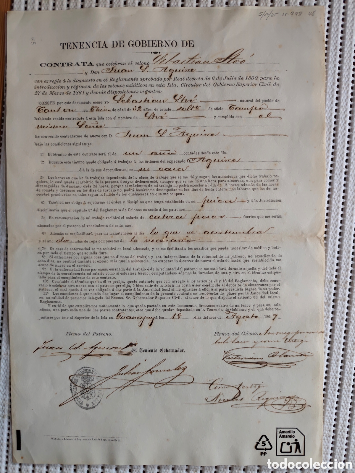 Documentos antiguos: 26-988 CONTRATA DEL COLONO ASI&Aacute;TICO SEBASTI&Aacute;N STOO