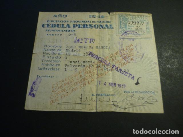Documenti antichi: CEDULA PERSONAL MADRID 1941 HIJO DE JOSE RAMON MELIDA
