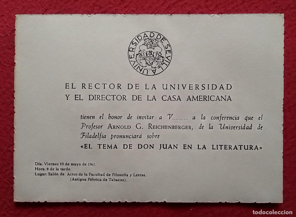 Documentos antiguos: INVITACI&Oacute;N UNIVERSIDAD DE SEVILLA 1961 CONFERENCIA PROF. ARNOLD G. REICHENBERGER FILADELFIA DON JUAN