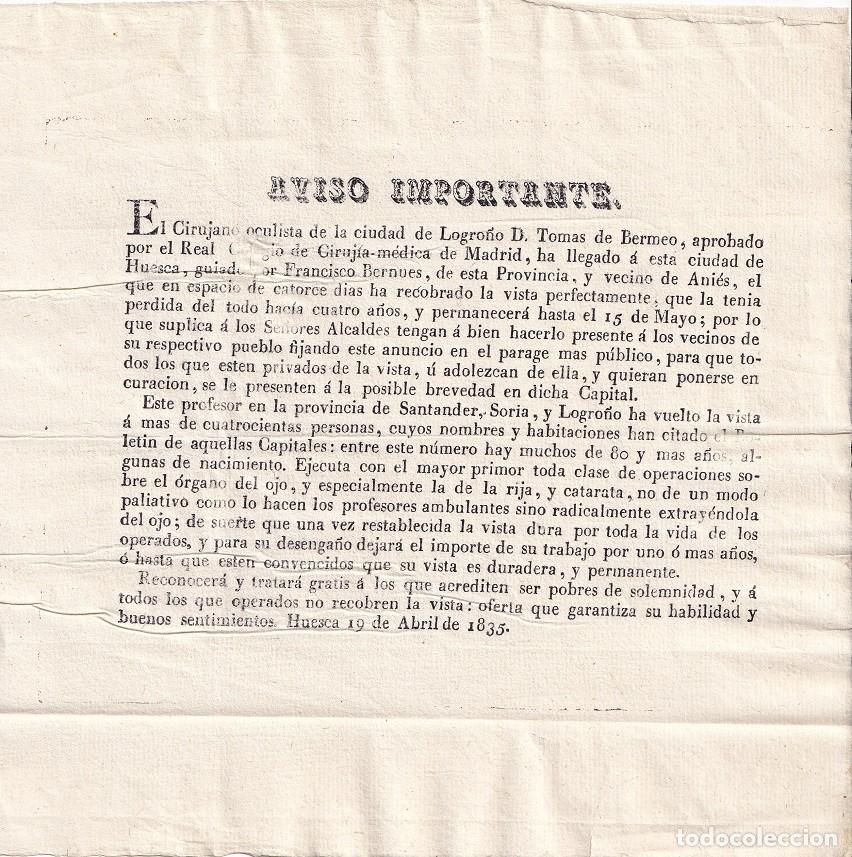 Documentos antiguos: Bando Publicitario M&eacute;dico 1835 - Oculista Tomas de Bermeo - Operaciones rija y catarata - Huesca