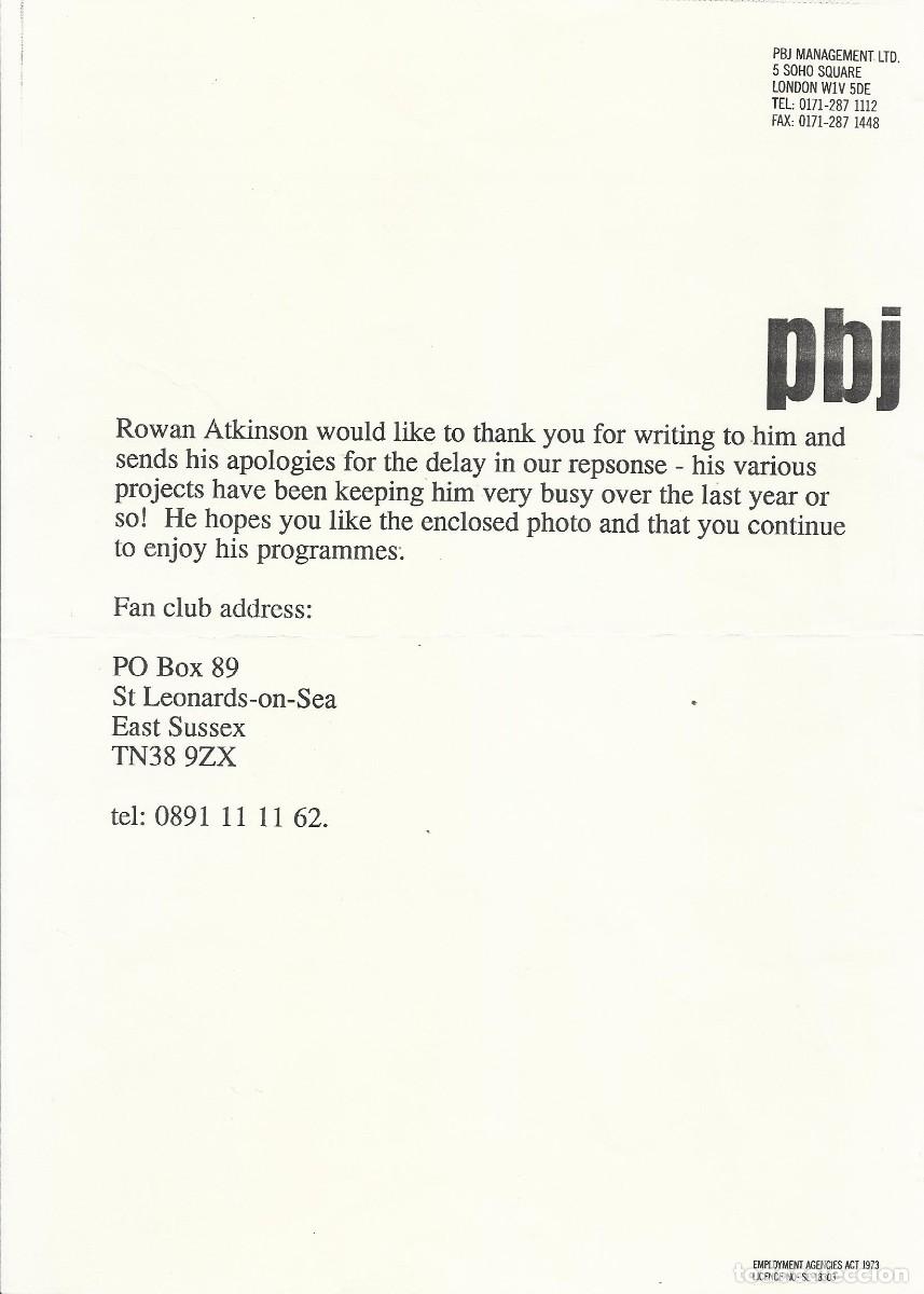 Documentos antiguos: Rowan Atkinson. Hoja de papel Fan Club. PBJ. East Sussex. 30x21 cm. London. Londres.