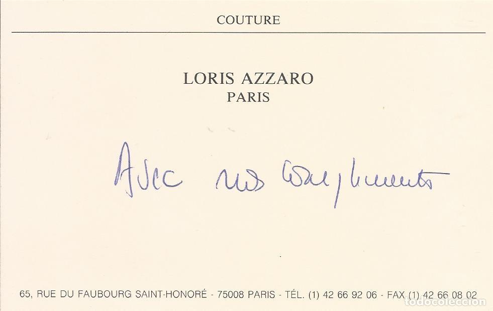 Documentos antiguos: Loris Azzaro Couture. Paris. Tarjeta comercial. Dise&ntilde;ador. Francia. 8x12,5 cm. Alta Costura.