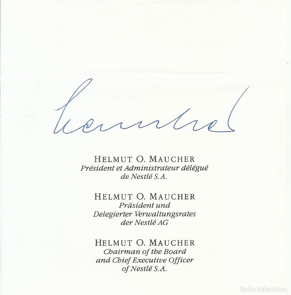 Documentos antiguos: Helmut Maucher. Presidente Nestl&eacute; (1990-1997). 1996. Hoja firmada. Suiza. Papel. 13x13 cm.