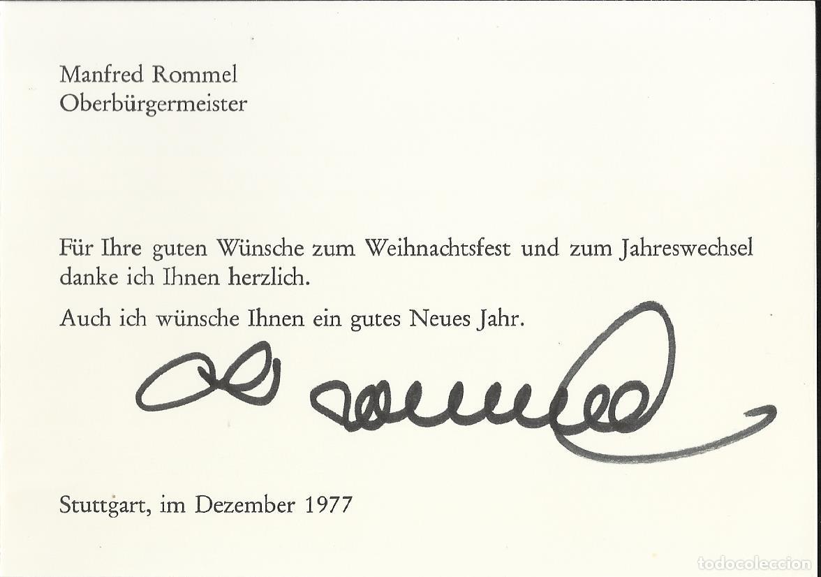 Documentos antiguos: Manfred Rommel. Alcalde Stuttgart (1974-1976) Alemania. 1977. Tarjeta firmada. D&iacute;ptico. 10,5x15 cm.