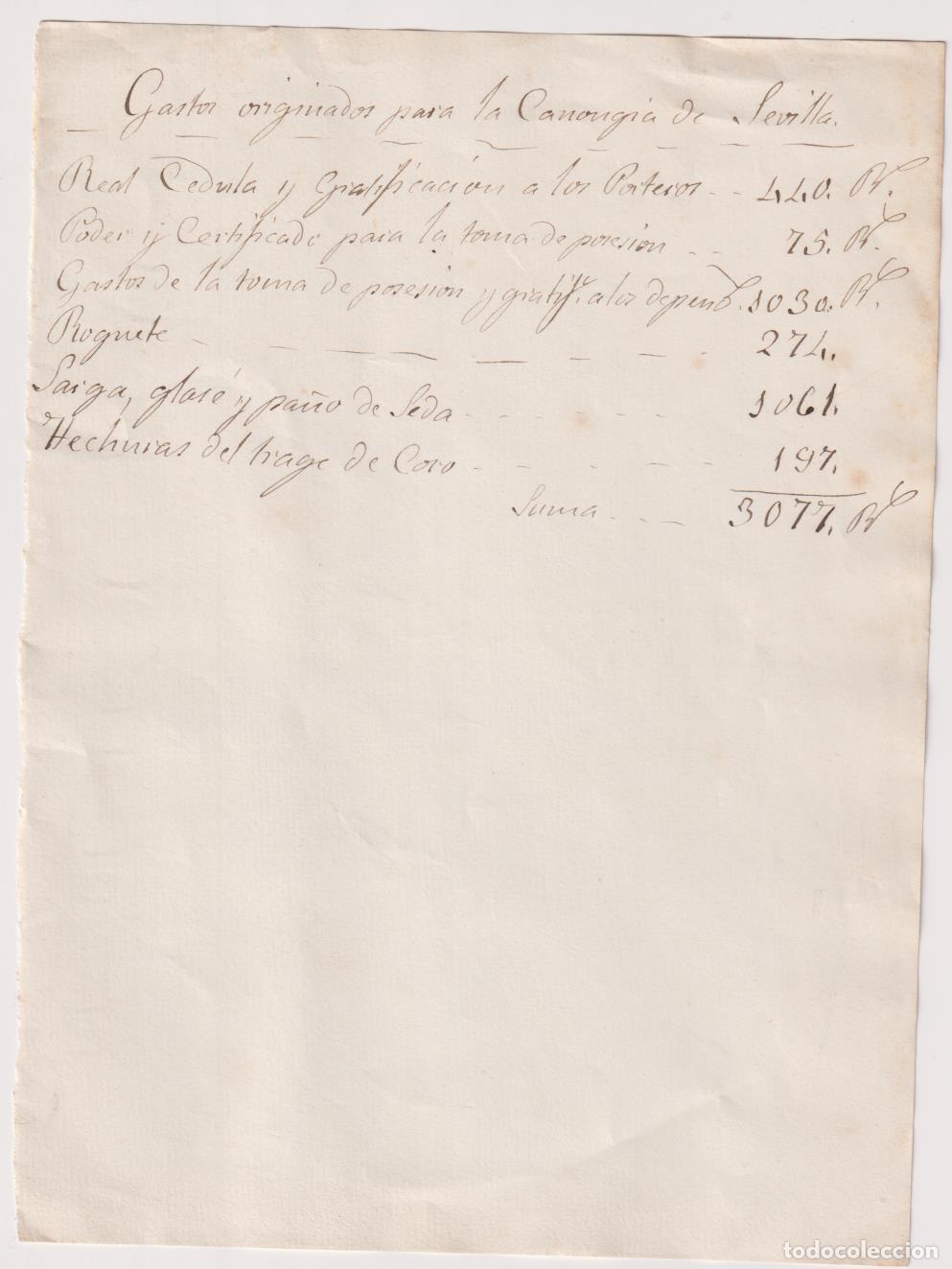 Documentos antiguos: Gastos originados para la Canonj&iacute;a de Sevilla. Total: 3. 077 Reales de Vell&oacute;n. Siglo XVII-XIX
