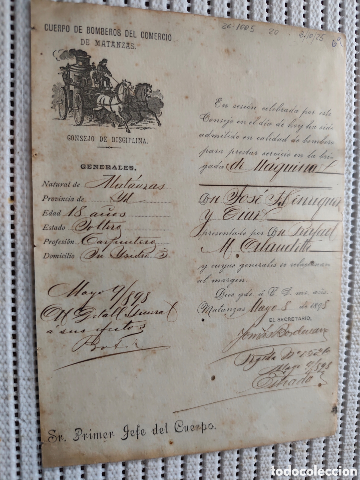 Documentos antiguos: 26-1005 HA SIDO ADMITIDO EN CALIDAD DE BOMBERO D.JOSE.