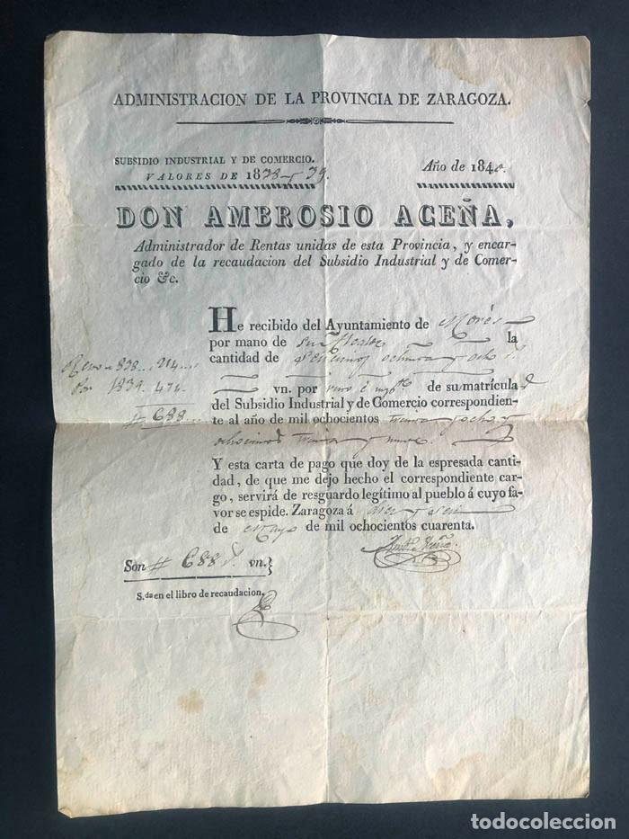 Documentos antiguos: ZARAGOZA 1840 / CONTRIBUCI&Oacute;N COMERCIAL E INDUSTRIAL AYTO. DE MOR&Eacute;S A&Ntilde;OS 1838-39