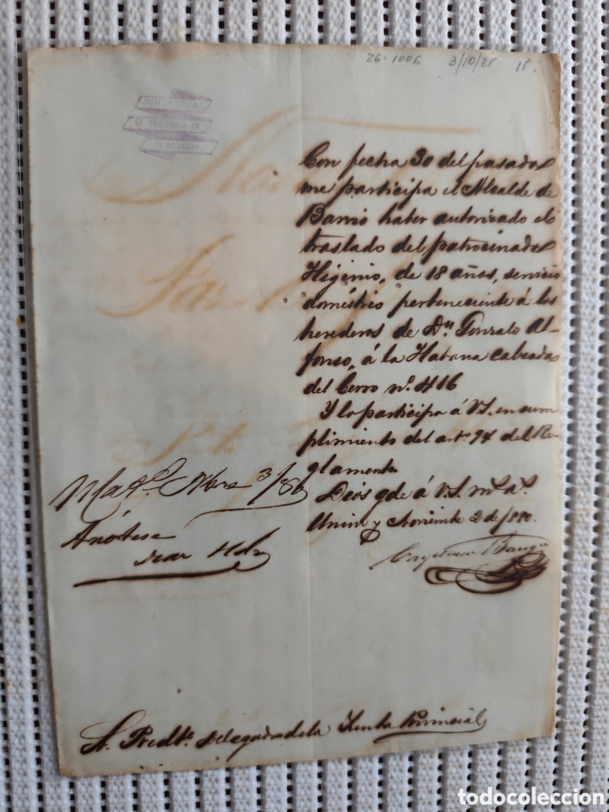 Documentos antiguos: 26-1006 TRASLADO DEL PATROCINADO HIGENIO DE 18A&Ntilde;OS.