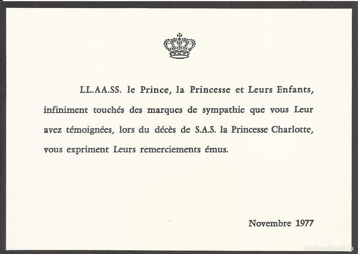 Documentos antiguos: Rainiero de M&oacute;naco. Tarjeta deceso princesa Charlotte o Carlota Grimaldi. 1977. 11x16 cm.