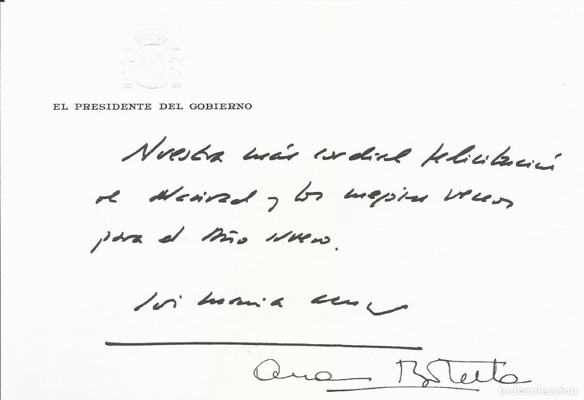 Documentos antiguos: Jos&eacute; Mar&iacute;a Aznar Ana Botella. Presidente Gobierno. Tarjeta Felicitaci&oacute;n Navidad firmada. 11,5x17 cm.