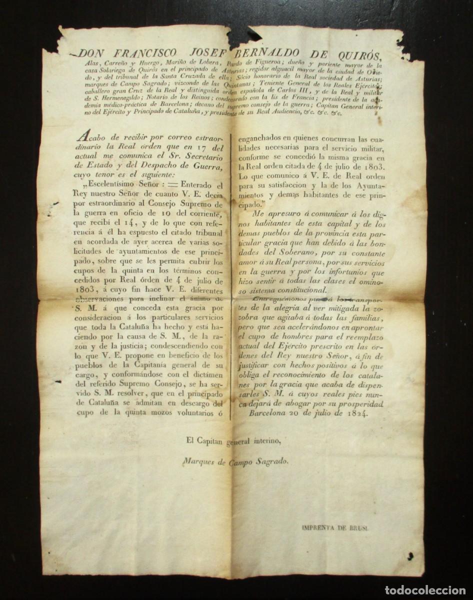 Documentos antiguos: FRANCISCO JOSEF BERNALDO DE QUIR&Oacute;S. 1824. IMPRENTA DE BRUSI. RECLUTAMIENTO MOZOS CATALU&Ntilde;A.FRANCISCO