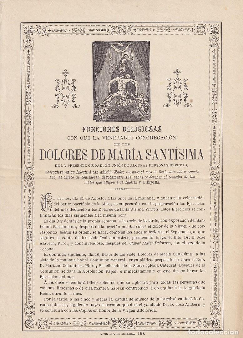 Documentos antiguos: Funciones religiosas - Venerable Congregaci&oacute;n de los Dolores de Mar&iacute;a Sant&iacute;sima - Vich Vic 1888