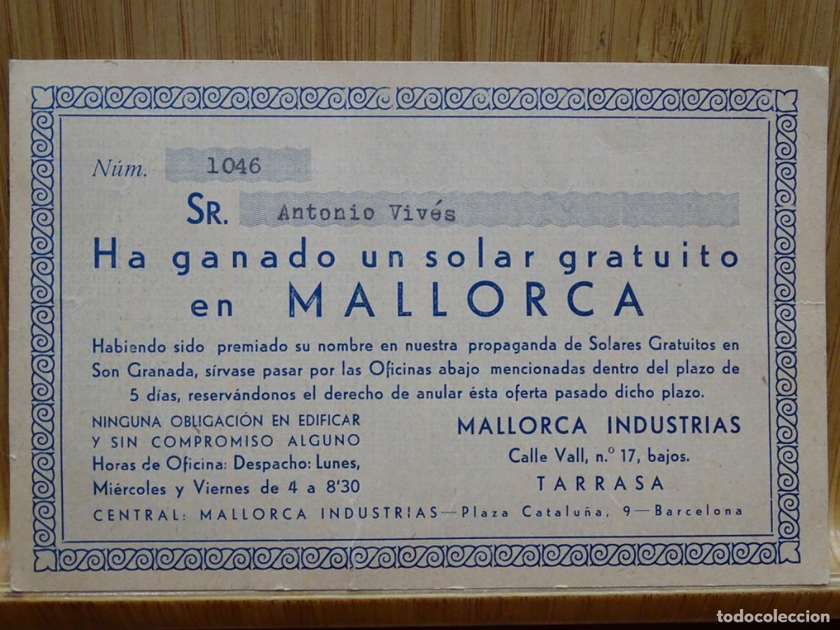 Documentos antiguos: ANTIGUO BOLETO DE 1935 INDUSTRIAS MALLORCA DE TERRASSA DONDE SE GANA UN SOLAR.