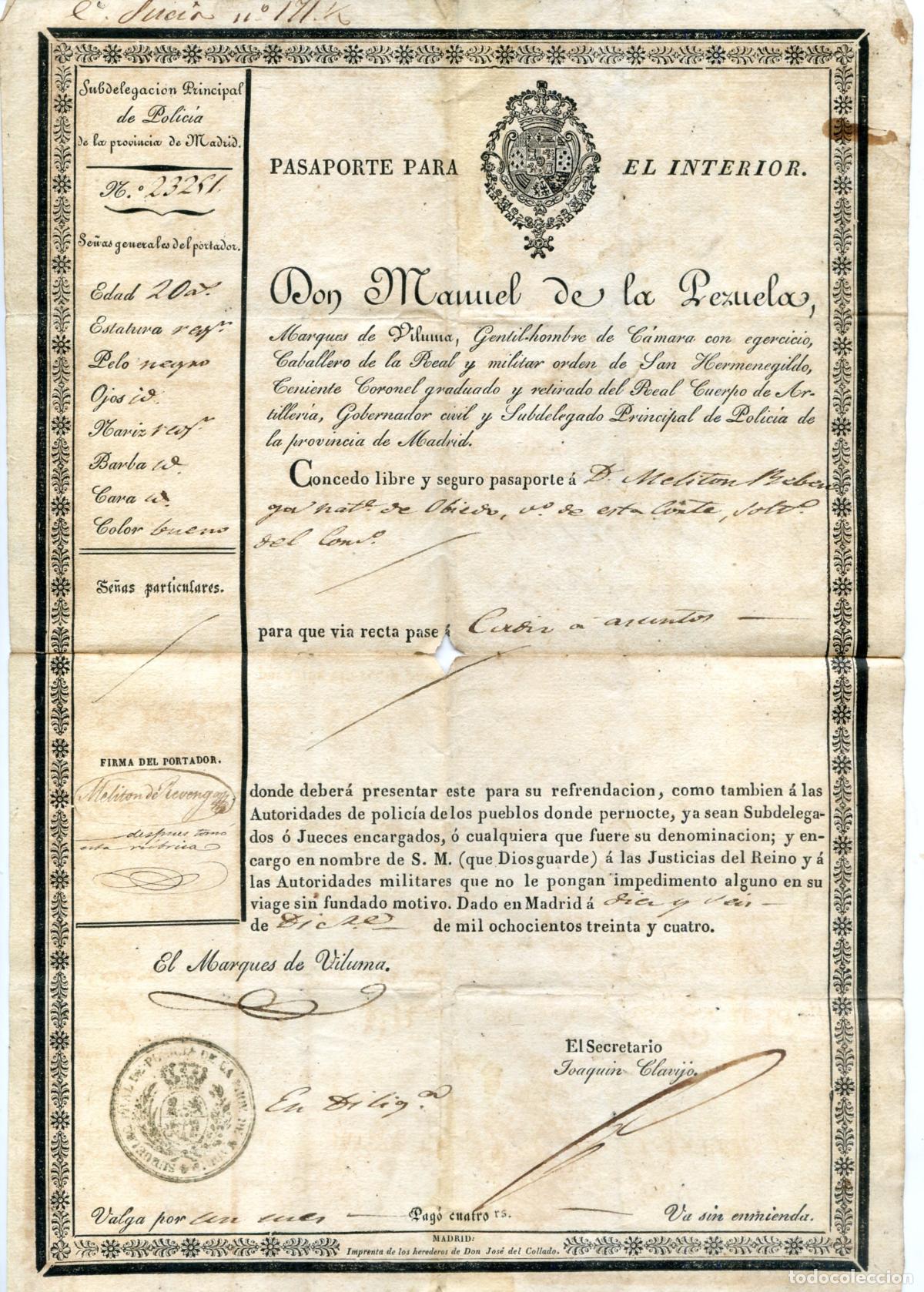 Old Documents: Pasaporte interior, firma Manuel de la Pezuela marqu&eacute;s de Viluma, gobernador civil de Madrid 1834