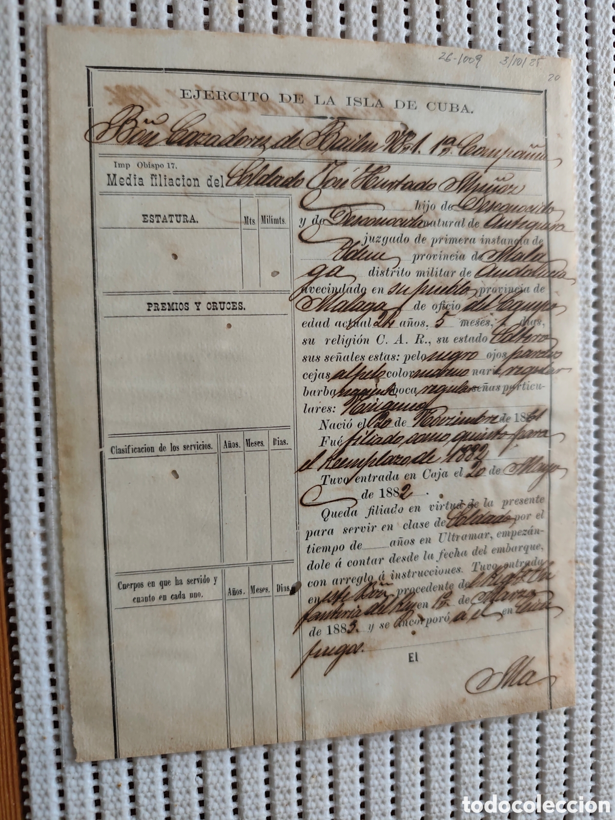 Documentos antiguos: 26-1009 FILIACI&Oacute;N-SOLDADO JOSE, NATURAL DE ANTEQUERA,24 A&Ntilde;OS.