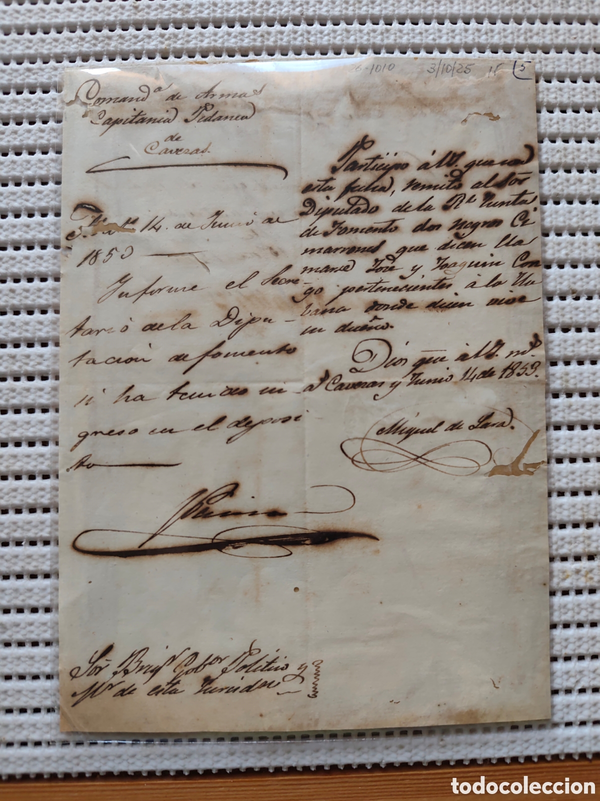 Documentos antiguos: 26-1010 REMITO A LA REAL JUNTA DE FOMENTO 2 NEGROS CIMARRONES.