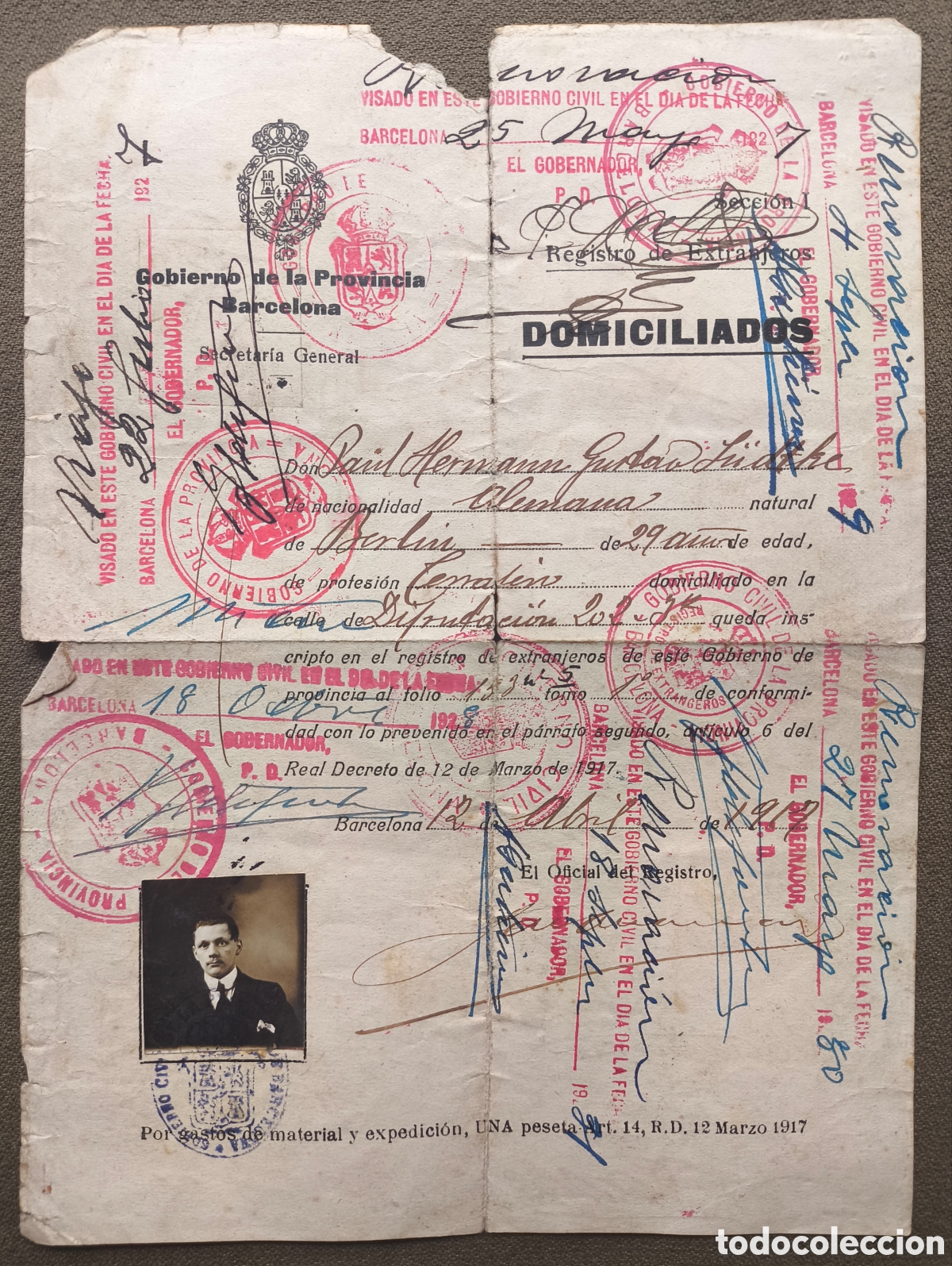 Documentos antiguos: SALVOCONDUCTO DOCUMENTO ORIGINAL BARCELONA 1927 - Foto 1