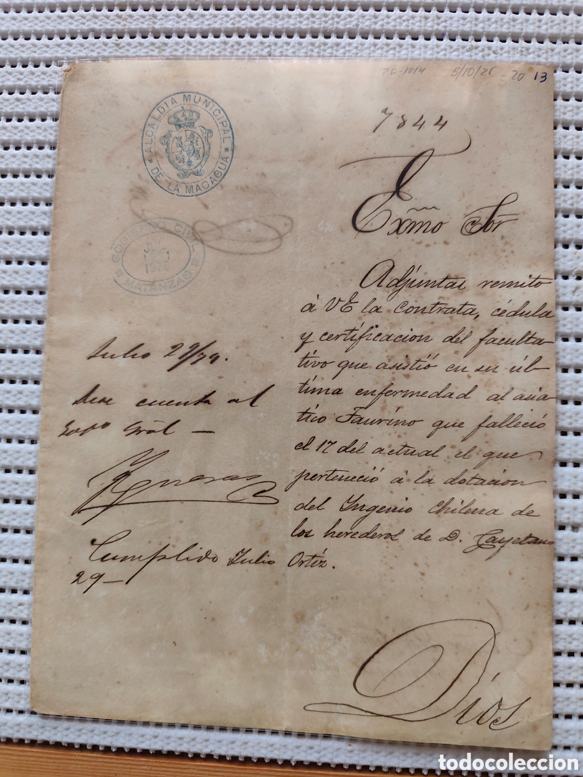 Documentos antiguos: 26-1014 REMITO A UD.EL CERTIFICADO DE DEFUNCI&Oacute;N DEL ASI&Aacute;TICO TAURINO.