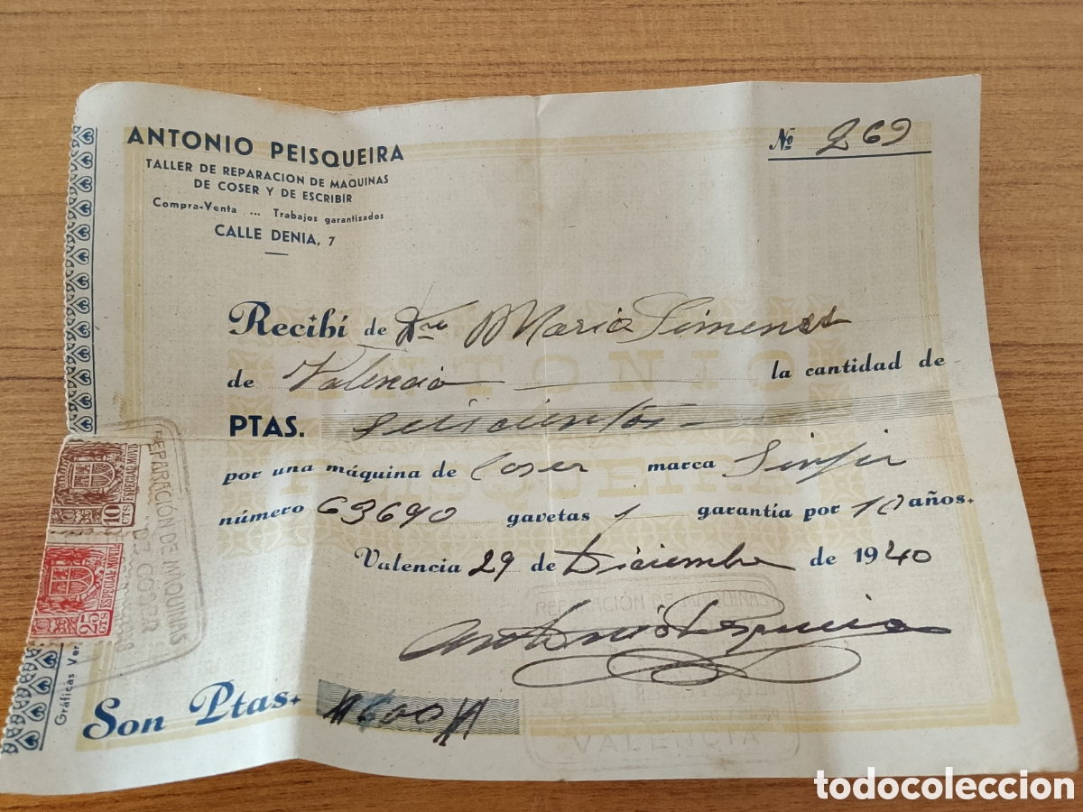Documents Anciens: Contrato de compraventa de maquina de coser singer a&ntilde;os 40