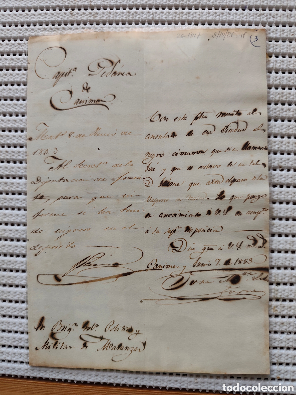 Documentos antiguos: 26-1017 REMITO A ESTE CONSULADO AL NEGRO CIMARR&Oacute;N JOSE.