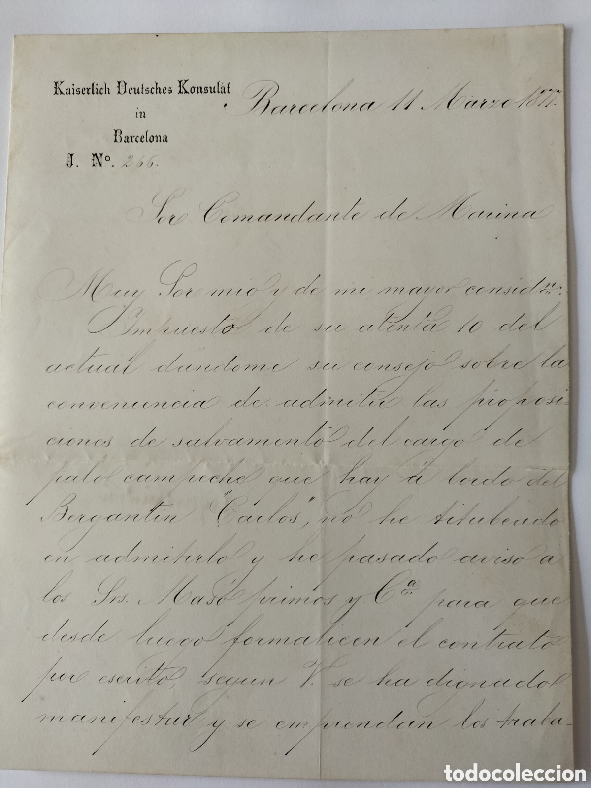 Old Documents: Carta del C&oacute;nsul de Alemania en Barcelona con su firma. 11 Marzo 1877.