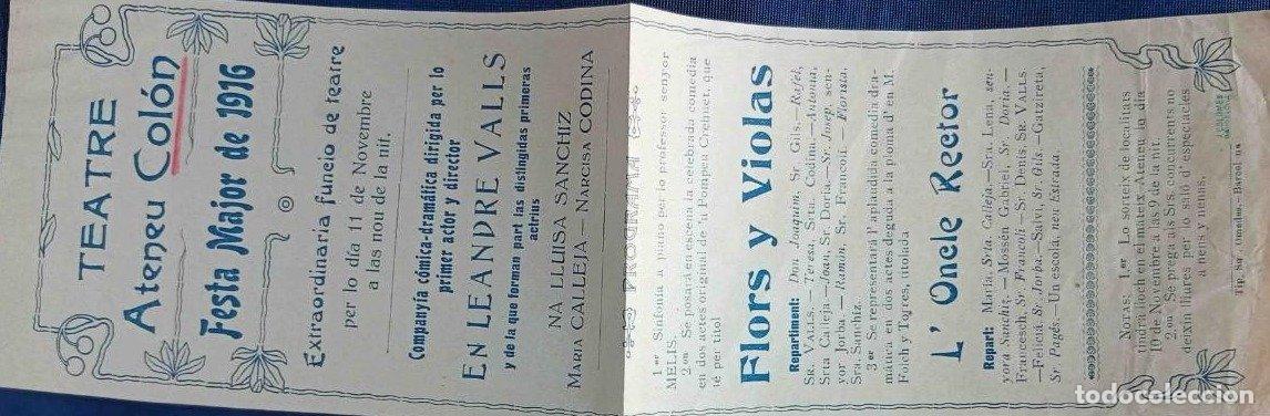 Documentos antiguos: Copia de TEATRE ATENEU COL&Oacute;N. FESTA MAJOR DE 1916. PROGRAMA D' EXPECTACLES. POBLE NOU, BARCELONA.