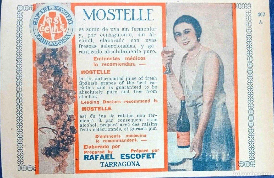 Alte Dokumente: MOSTELLE. ZUMO DE UVA SIN FERMENTAR. ELABORADO POR RAFAEL ESCOFET, TARRAGONA, 1928.