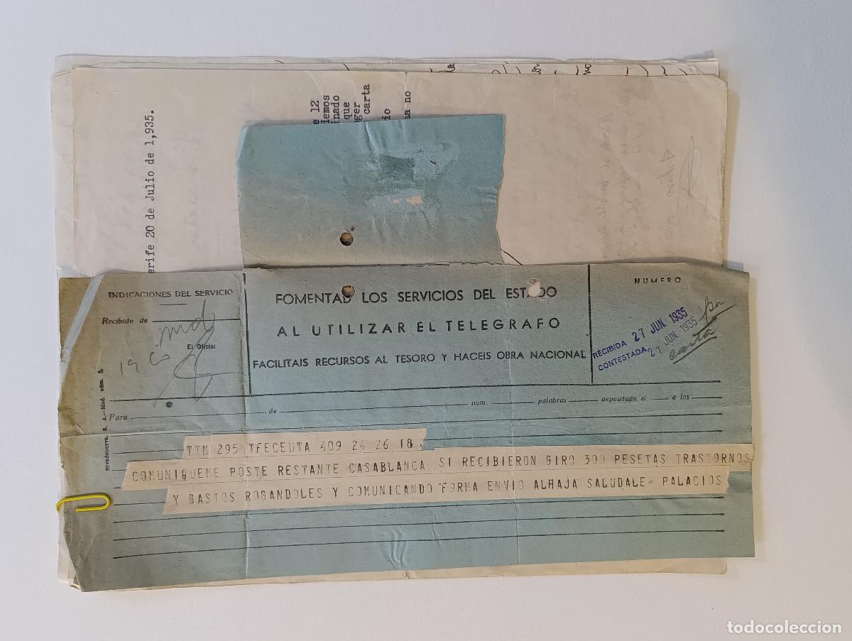 Documentos antiguos: TELEGRAMA TENERIFE CEUTA, CARTA CAJA AHORROS Y DOCUMENTOS MANUSCRITOS ELADIO PALACIOS BRAVO. 1935.