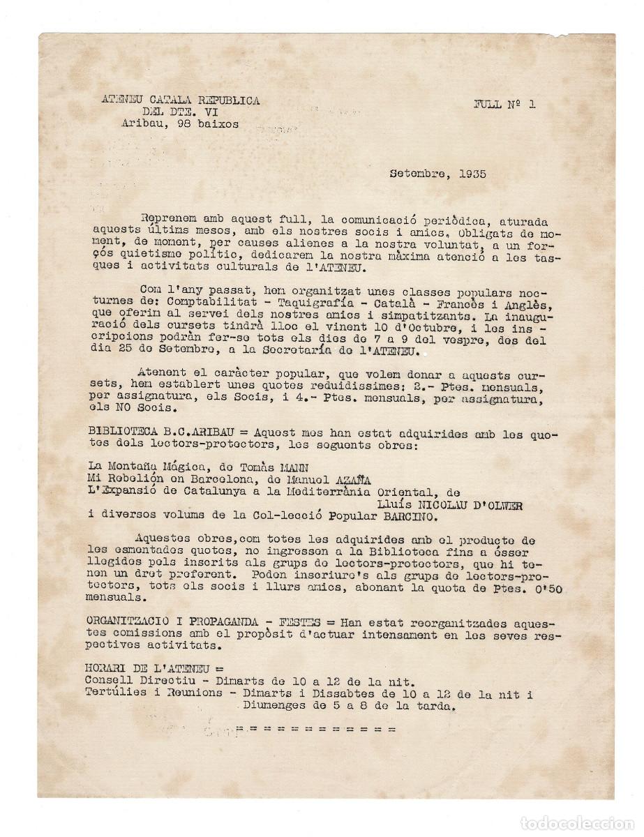 Documents Anciens: BOLET&Iacute;N INFORMATIVO DEL ATENEU CATAL&Agrave; REPUBLIC&Agrave; FECHADO EN SEPTIEMBRE DE 1935