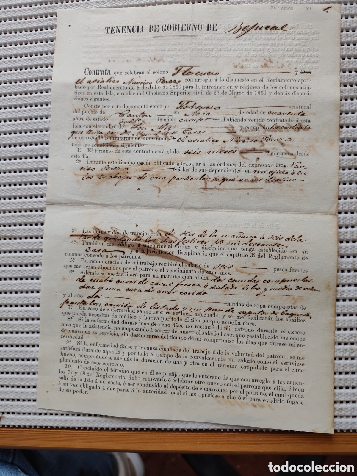Documentos antiguos: 26-1026 CONTRATA ENTRE EL COLONO FLORENCIO Y EL ASI&Aacute;TICO NARCISO.