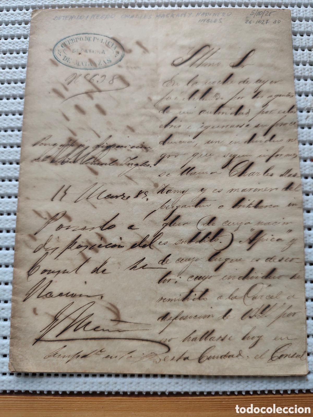 Documentos antiguos: 26-1027 DETENIDO EL MORENO CHARLES,MARINERO DESERTOR.