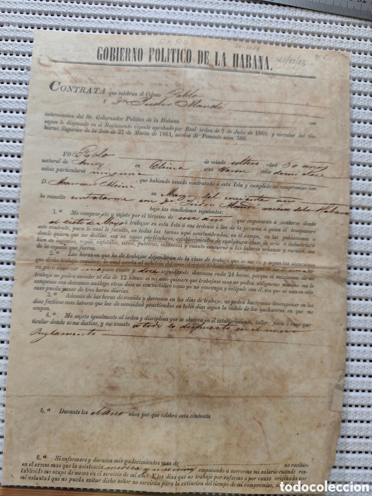Documentos antiguos: 26-1028 CONTRATA DEL COLONO PABLO Y D.ISIDRO MANDE.
