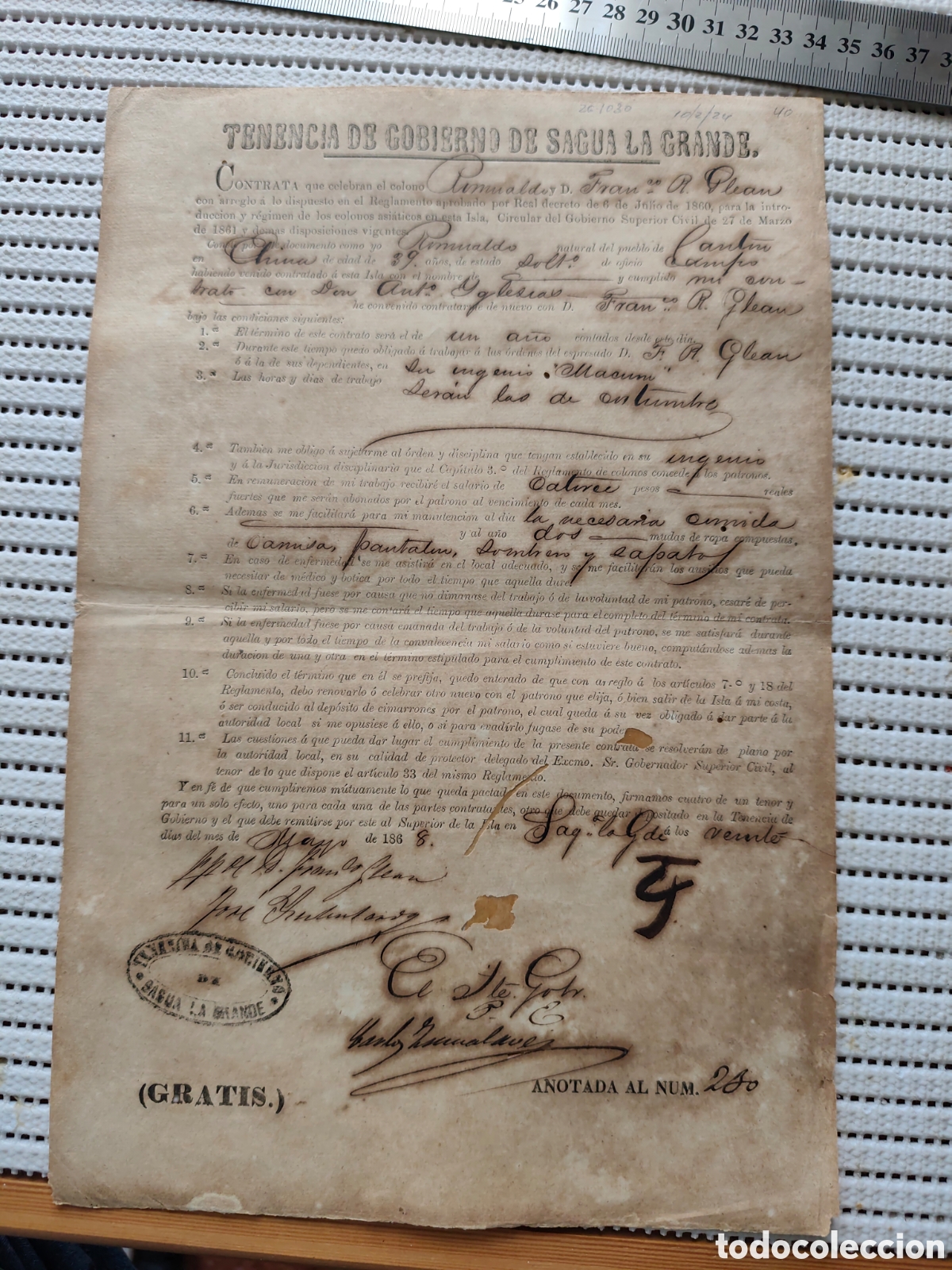 Documentos antiguos: 26-1030 CONTRATA DEL COLONO ROMUALDO Y D.FRANCISCO.
