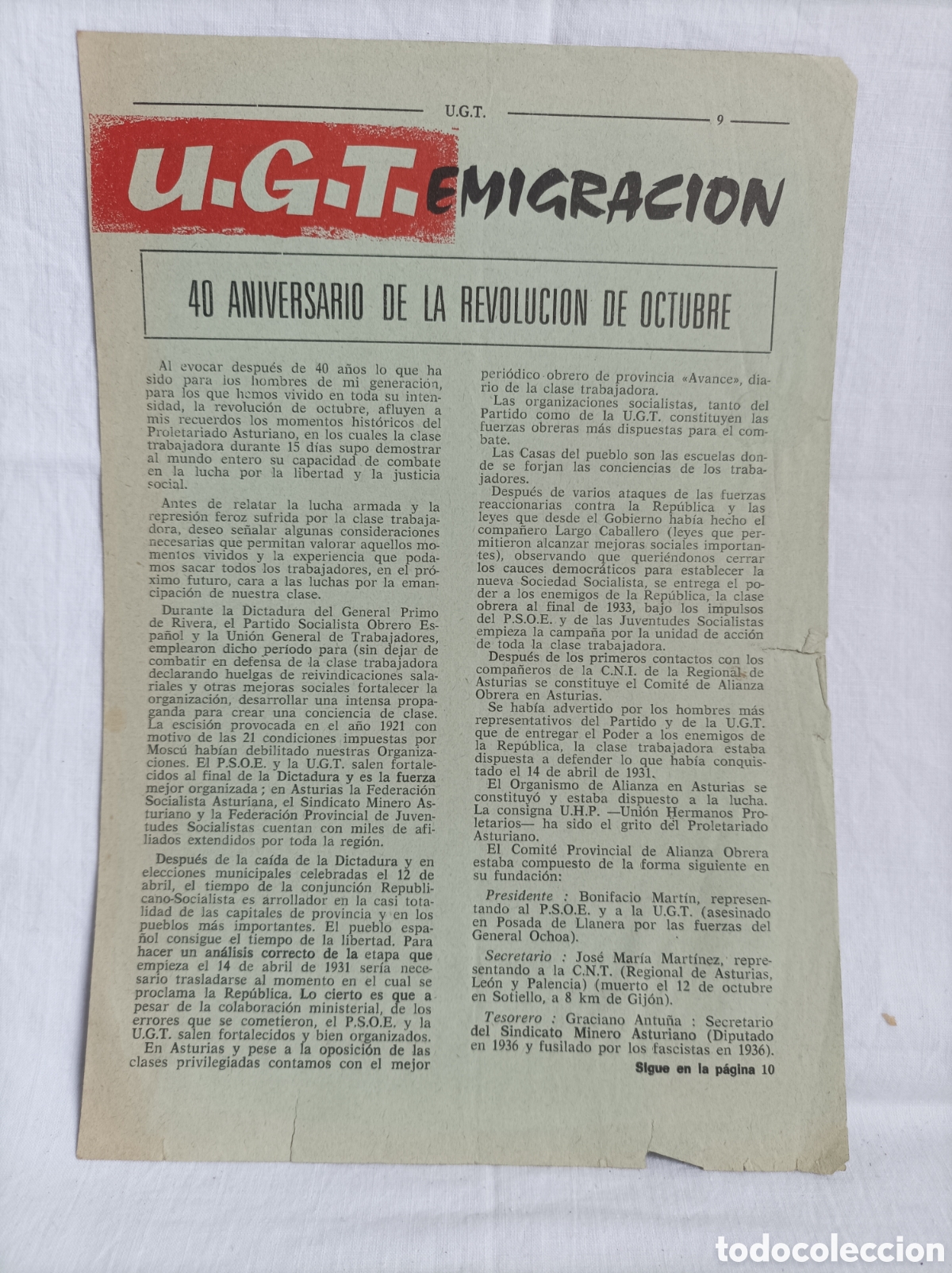Alte Dokumente: U.G.T. EMIGRACION. 40 Aniversario de la REVOLUCI&Oacute;N DE OCTUBRE 1934. 1975 Clandestinidad. Transici&oacute;n