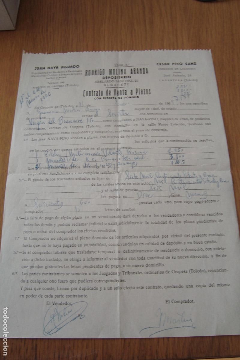 Documentos antiguos: CONTRATO JUAN NAVA AGUADO BORDADOS. RODRIGO MOLINA ARANDA. CESAR PINO SANZ. OROPESA TOLEDO 1965