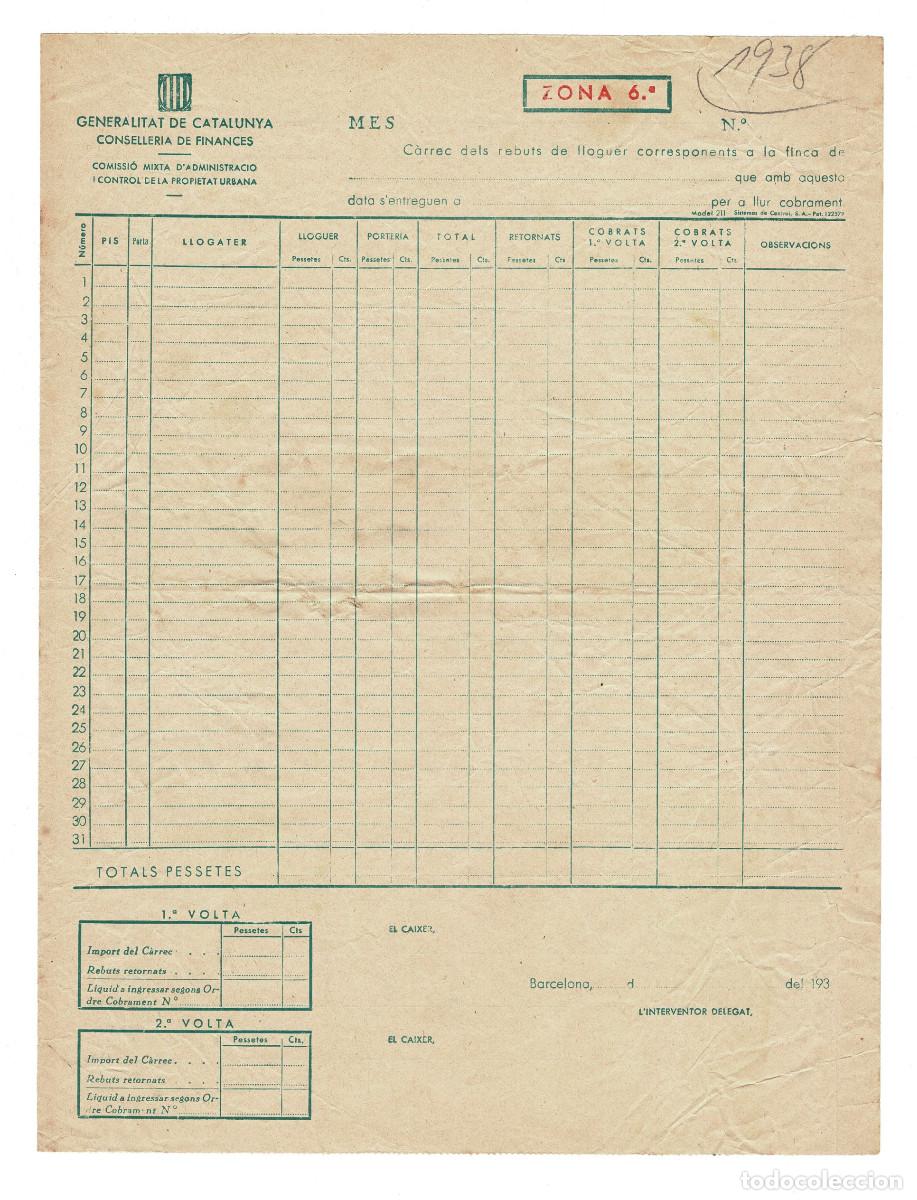Documenti antichi: REGISTRO HIST&Oacute;RICO DE COBROS DE ALQUILERES EMITIDO POR LA GENERALITAT DE CATALUNYA EN 1938