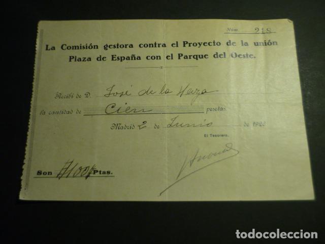 Documentos antigos: MADRID 1926 RECIBO COMISION GESTORA CONTRA PROYECTO UNION PLAZA ESPA&Ntilde;A CON PARQUE DEL OESTE MONCLOA