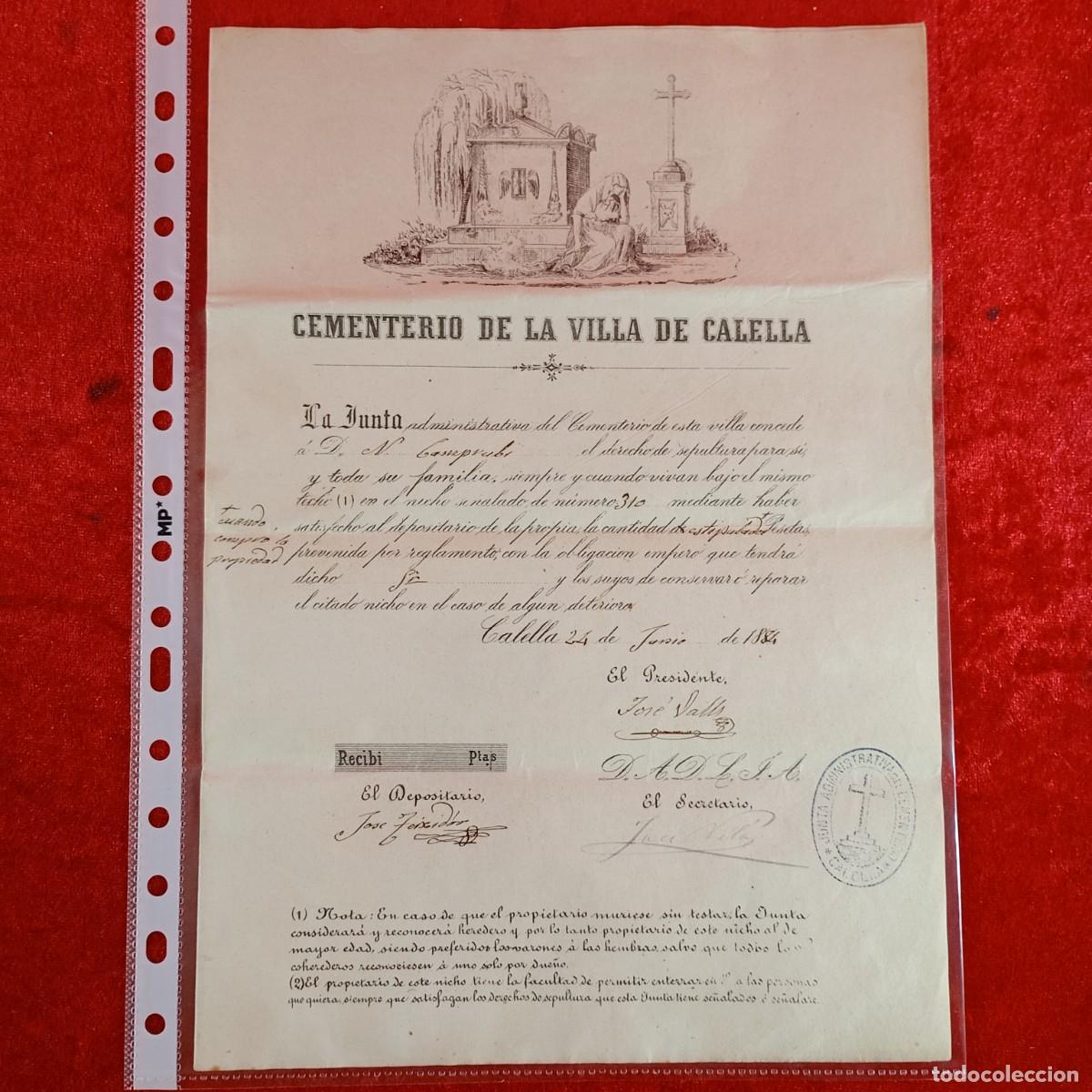 Documentos antiguos: DOCUMENTO CEMENTERIO VILLA DE CALELLA - FIRMADO JOS&Eacute; VALLS - 1884 - MATAMALA - EXPORTACION / 3371