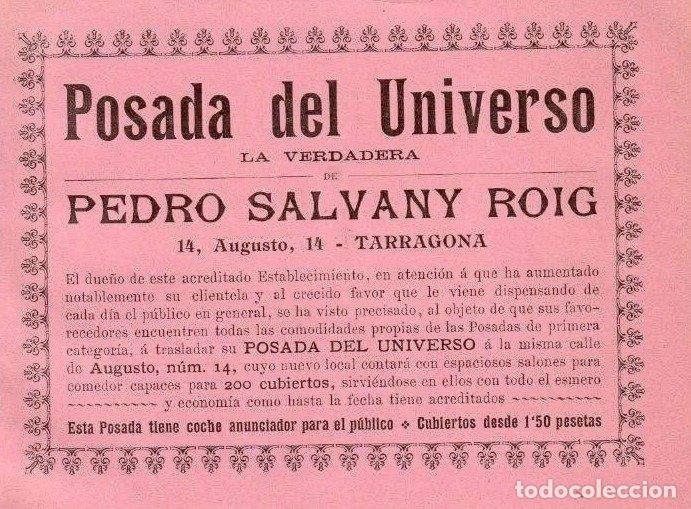 Alte Dokumente: HOJA VOLANTE. POSADA DEL UNIVERSO. PEDRO SALVANY ROIG. AUGUSTO, 14. TARRAGONA.