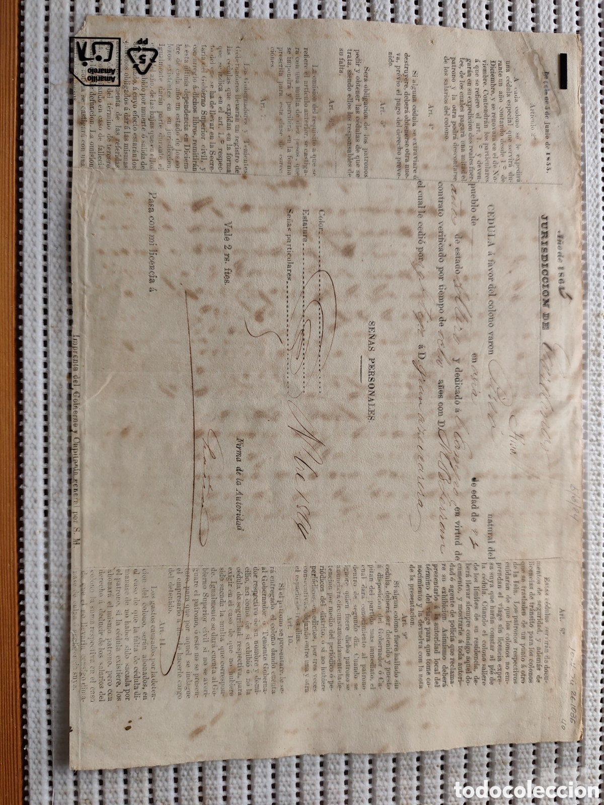 Documentos antiguos: 26-1036 C&Eacute;DULA DEL COLONO ASI&Aacute;TICO VARON PIRCO.