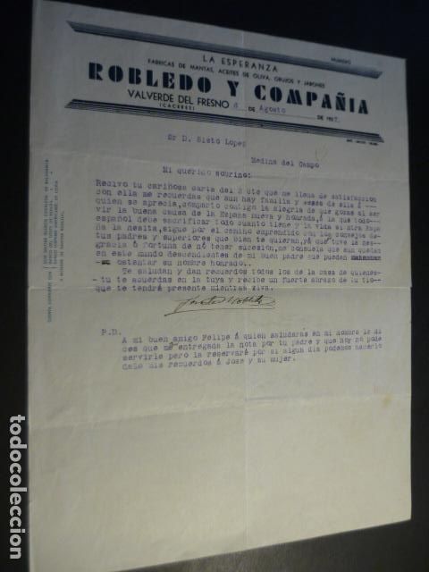 Alte Dokumente: VALVERDE DEL FRESNO CACERES CARTA COMERCIAL FABRICA LA ESPERANZA 1937