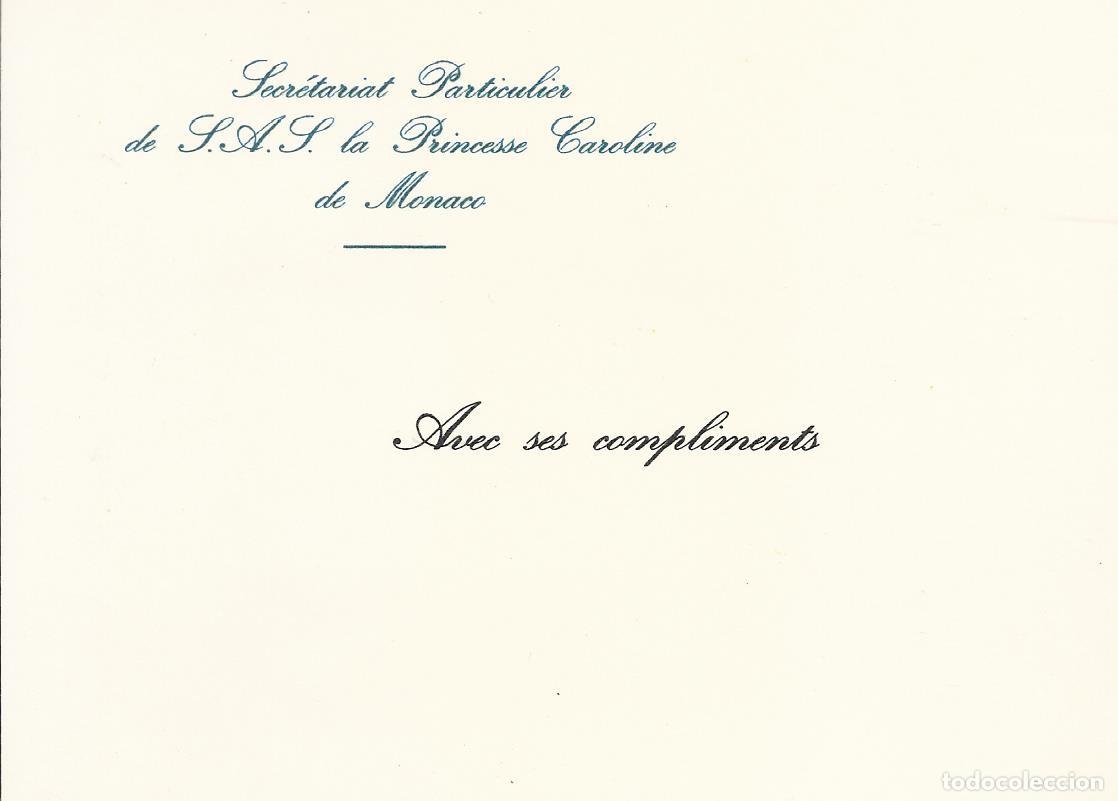 Documentos antiguos: Princesa Carolina de M&oacute;naco. Secretariado Particular. Tarjeta Avec ses compliments. 1977. 10,5x15 cm