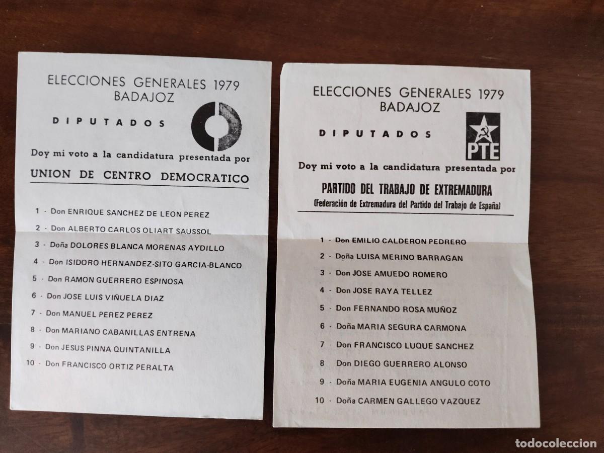 Alte Dokumente: Papeletas Elecciones Generales 1979 por Badajoz. UCD y Partido del Trabajo de Extremadura PTE.