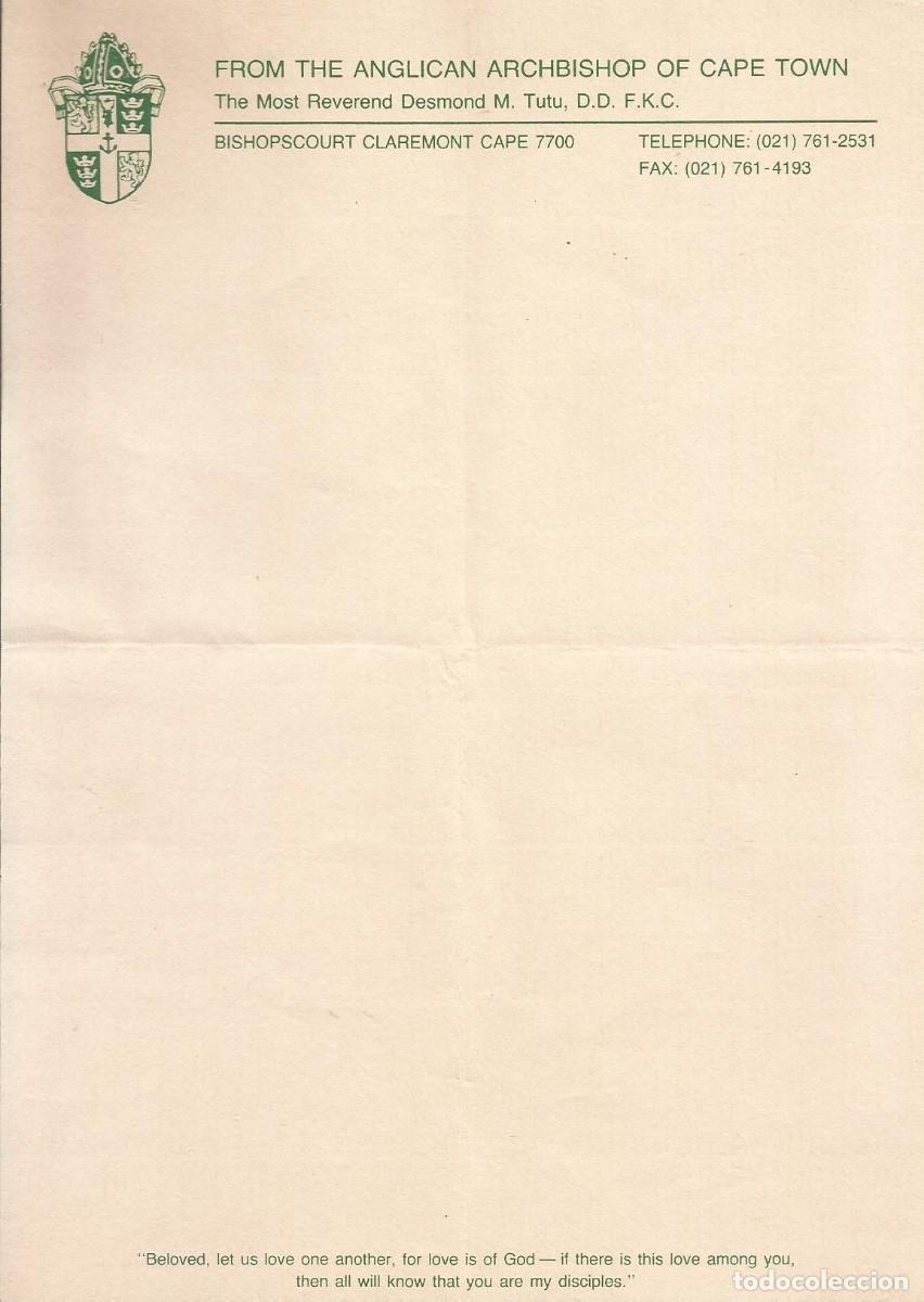 Documentos antiguos: Arzobispado Ciudad del Cabo. Cape Town. Sudafrica. Desmond M. Tutu. Documento. 1996. 21x15 cm.