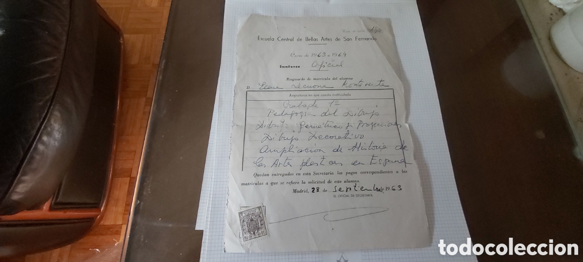 Documentos antiguos: MATRICULA DE LA FAMOSA PINTORA DE TENERIFE ELENA LECUONA 1963-64 ESCUELA BELLAS ARTES SAN FERNANDO