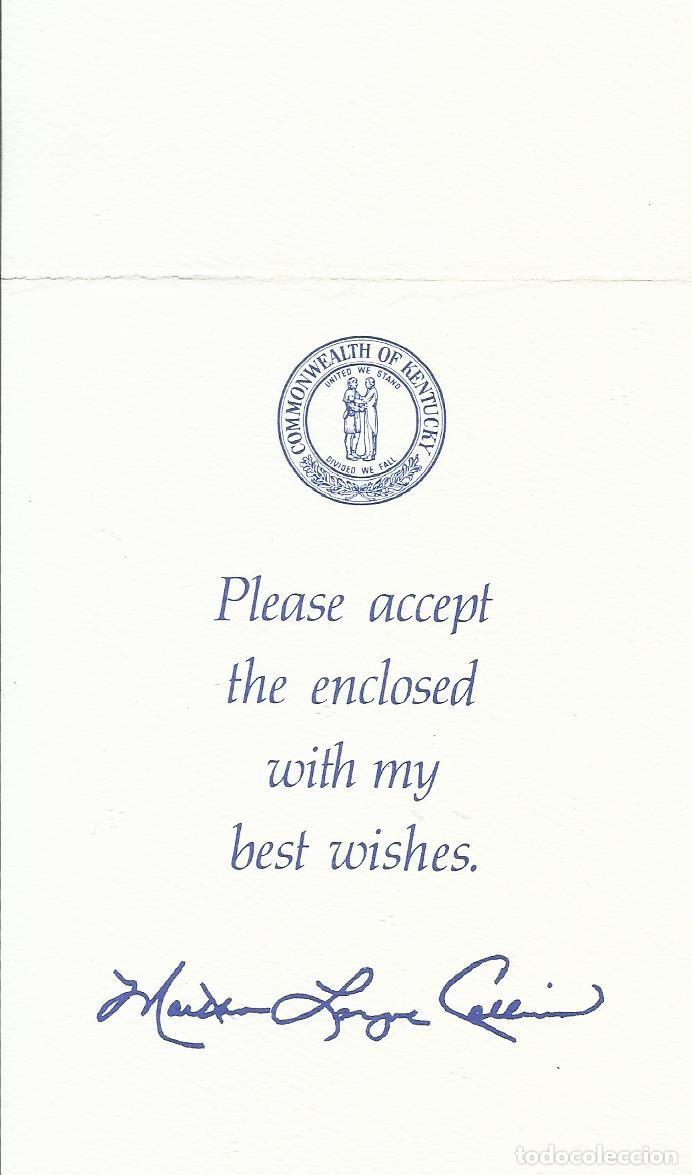 Documentos antiguos: Commonwealth of Kentucky. Tarjeta firma impresa Martha Layne Collins. Gobernadora. 15x9 cm. 1987.