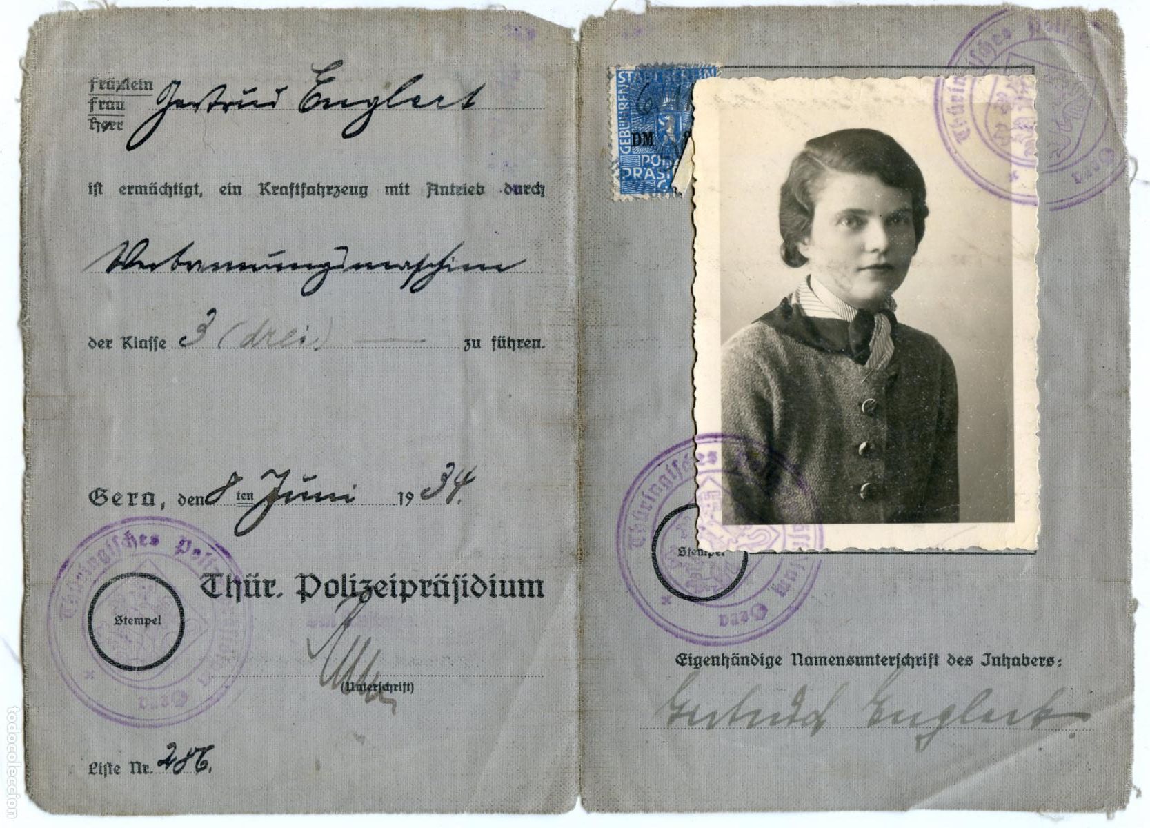 Old Documents: Carnet de conducir alem&aacute;n de 1934, de una se&ntilde;orita