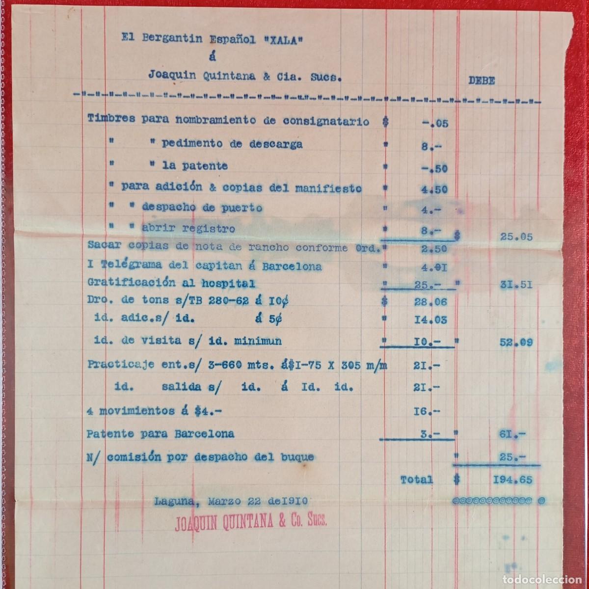 Documentos antiguos: FACTURA COMERCIAL - JOAQUIN QUINTANA - XALA - 1910- HERMANOS MATAMALA - EXPORTACION - VILASAR / 3562