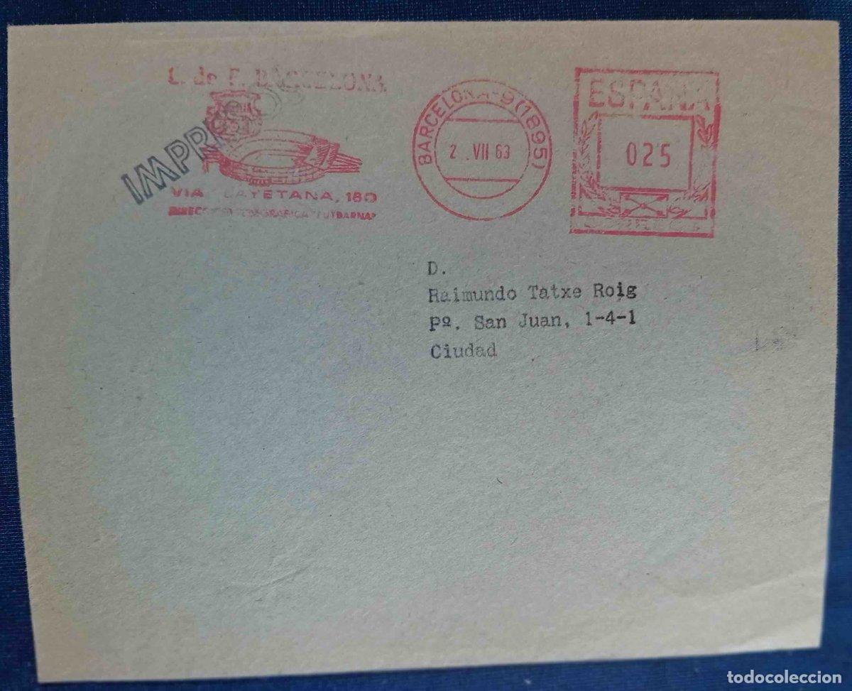 Documentos antiguos: SOBRE CON CAMP NOU DEL F.C. BARCELONA IMPRESO EN EL MISMO. 1963.