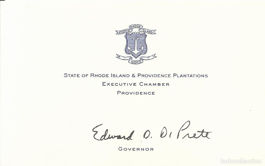 Documentos antiguos: Governor State of Rhode Island. USA. Gobernador Edward Daniel DiPrete. Tarjeta firma impresa.